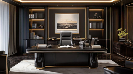 Contemporary home office desk in black leather with ample desk space and office essentials.