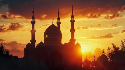 A photo of a mosque silhouette at sunset