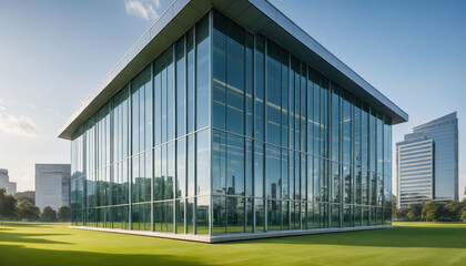 Obraz premium Green Glass Façade Reflecting the Surrounding Environment
