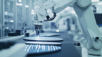 Robotic arms handling fragile silicon wafers in a semiconductor facility, ensuring precision and safety