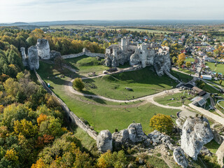 Aerial drone view of medieval castle Ogrodzieniec in Poland. Strongholds Eagles Nests in Polish...