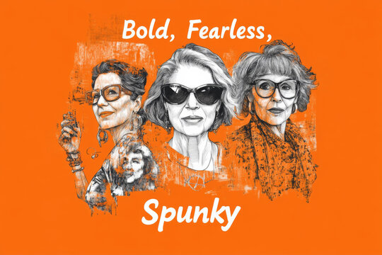 Art illustration of three elderly women with sunglasses and confident expressions on an orange background with the words "Bold, Fearless, Spunky." Spunky Old Broads Month.
