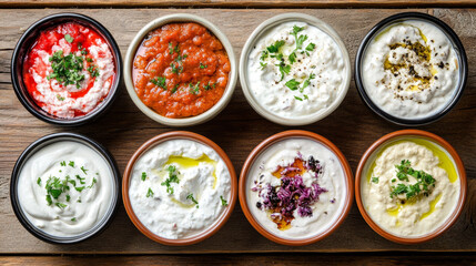 Different kinds of dips on a wooden table, seen from above