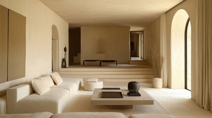 A minimalist Mediterranean living room with neutral-colored walls and sleek, natural furniture, exuding simplicity and elegance.