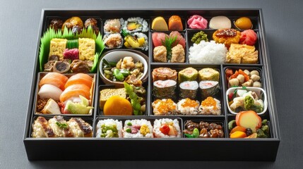 Colorful Sushi and Japanese Cuisine in Bento Box