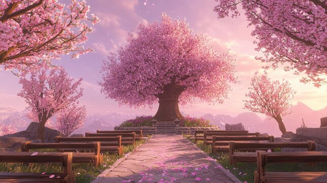 Replace the benches in the scene with wooden chairs that have backs, arranged neatly for an outdoor wedding. Surround the central cherry 