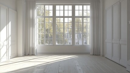 An empty room with large glass windows that allow natural light to enter
