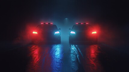 Police Cars at Night with Dramatic Lighting Effects