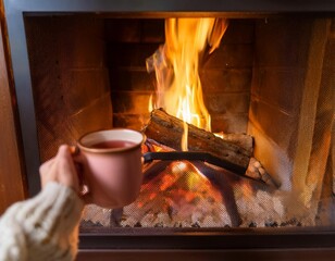Manos de mujer sujetando una bebida caliente junto  la chimenea y al fuego en una taza en una cabaña de madera en invierno © Michelle