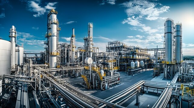Panoramic view of a sprawling pharmaceutical manufacturing campus featuring towering biopharmaceutical facilities a futuristic skyline and clean