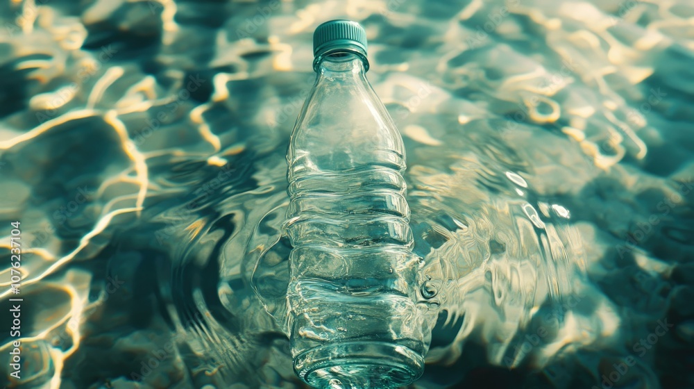 Poster A translucent bottle gently submerged in clear water with soft ripples surrounding it, creating a serene and refreshing effect