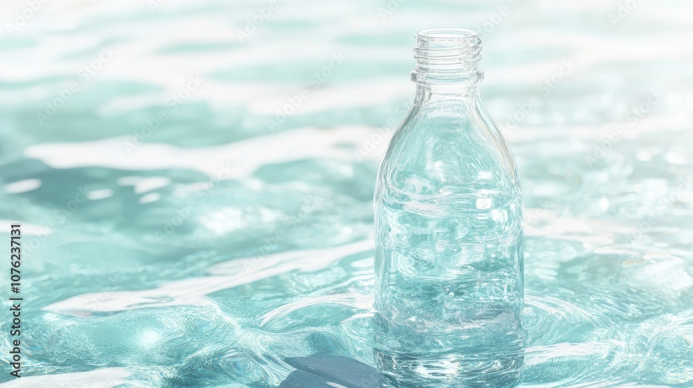 Poster A translucent bottle submerged in crystal-clear water, creating a beautiful visual of simplicity and purity against a serene, light backdrop