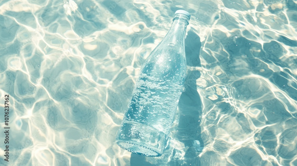Poster A translucent bottle submerged in crystal-clear water, creating a beautiful visual of simplicity and purity against a serene, light backdrop