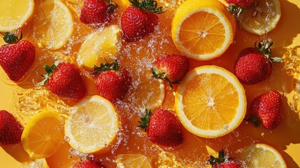 A vibrant composition of oranges, strawberries, and lemon slices with water droplets splashing across the surface.