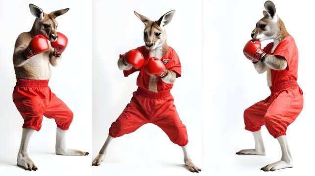 Humorous Kangaroo Boxer in Collage of Pugilistic Fighting Poses on Clinical White Backdrop with Professional Lighting