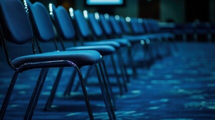 Obraz premium A row of blue chairs are lined up on a carpeted floor. The chairs are all facing the same direction
