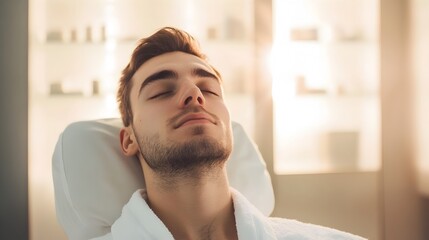 Contemplative young adult male receiving a restorative skincare therapy in a minimalist softly lit clinical setting exuding an aura of tranquil focus and serene relaxation