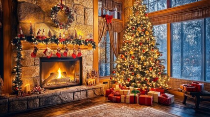 Fototapeta premium Cozy christmas interior with glowing christmas tree and warm fireplace, featuring festive holiday decor and magical ambiance for a perfect seasonal setting