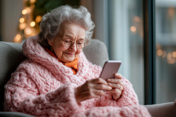An elderly person sitting in a comfortable chair, using a smartphone to monitor smart home devices.