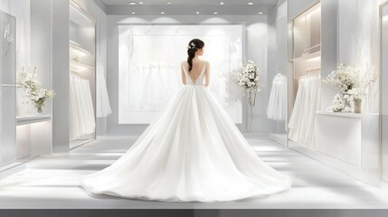 Fototapeta premium A woman in a dream-like white wedding dress stands in front of a bright, minimalist bridal shop interior, ready for the big day.