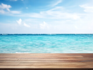 Fototapeta premium Wooden Tabletop Against Sea Background, Free Space for Product Display