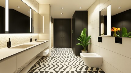 Fototapeta premium Modern bathroom with geometric tile wall floor and large mirror. Bright minimalist style bathroom