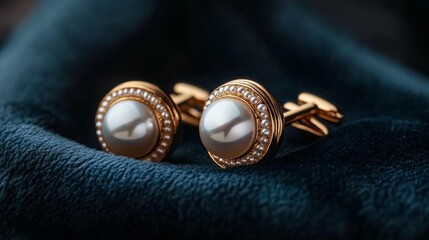 Elegant gold cufflink featuring a pearl design, resting on a soft fabric background.