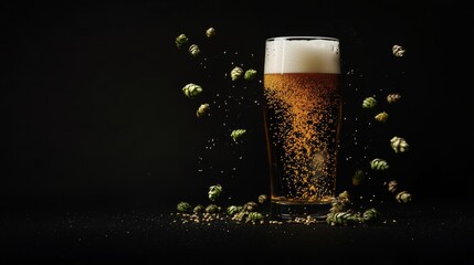 A beer glass with hops scattered around, placed on a black background, creating a moody and elegant craft beer scene