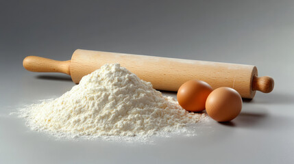 Ingredients for baking: flour, eggs, butter, a rolling pin, and textiles. There's room for your recipe or a picture of your yummy cake, pie, or cookies on the gray background.