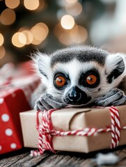 Obraz premium A baby lemur is laying on top of a brown box with red and white ribbons