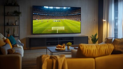 A big screen TV showing a football match, with comfortable seating and modern decor in the living room, creating a cozy atmosphere for watching live sports at home