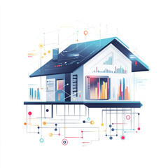 Fototapeta premium project of a private house on a white background in vector style, 2D house built from current data streams and binary code, with precise geometric graphs and diagrams