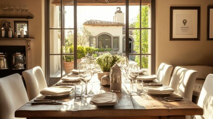 Elegant dining area with neutral Mediterranean decor, featuring a wooden table, soft linens, and natural lighting.