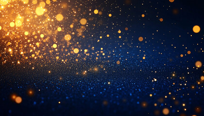 Fototapeta premium Glowing particles floating in a dark blue background with golden bokeh lights. Perfect for celebratory themes or branding that seeks to evoke joy and excitement.