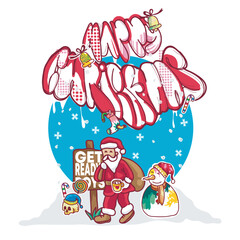 A festive Christmas illustration featuring Santa Claus, a snowman, and the word 