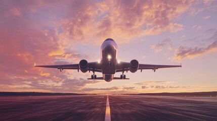 Fototapeta premium Low shot of a commercial airplane zooming down the runway, about to take flight against a vibrant sky.