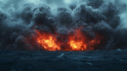 Dramatic Explosion in Ocean with Fiery Clouds