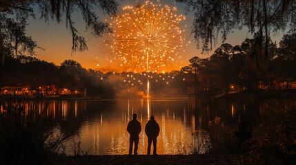 Fototapeta premium Colorful fireworks over a tranquil lake on New Year’s Eve, illuminating the sky with vibrant colors and reflecting beautifully on the water, creating a magical celebration atmosphere.