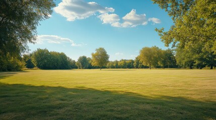 Fototapeta premium A serene landscape featuring a grassy field under a clear blue sky with scattered clouds.