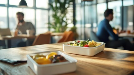 A casual lunch break scene featuring a lunch box on a wooden table, with a man sitting in a modern office environment, creating a relaxed atmosphere
