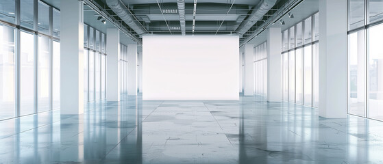 Modern white open plan office space with blank canvas.