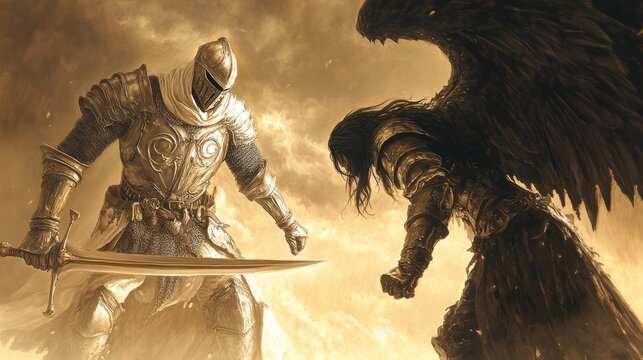 A digital illustration painting depicting a knight poised for battle against a dark angel, capturing the tension and drama of a mythical confrontation in a richly detailed style.