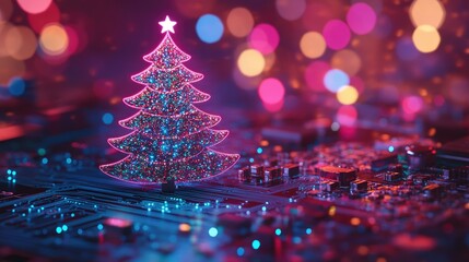Vibrant Christmas Tree on Circuit Board Background