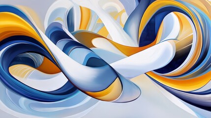 A modern abstract painting featuring vibrant swirls of color, blending rich golds and deep blues, with a futuristic pattern that evokes a sense of movement and depth, perfect for a luxurious backdrop.