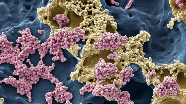 This is a scanning electron microscope image of a biofilm, a community of bacteria that adhere to a surface