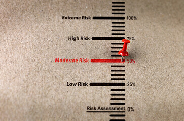 Red pin on paper with word moderate risk scale. Concepts of management analysis and assessment of...