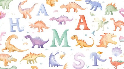 Fototapeta premium a playful watercolor illustration of dinosaurs representing each letter of the english alphabet, designed for a children's poster, perfect for nursery wall art and educational decor