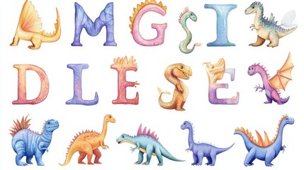 a playful watercolor illustration of dinosaurs representing each letter of the english alphabet, designed for a children's poster, perfect for nursery wall art and educational decor