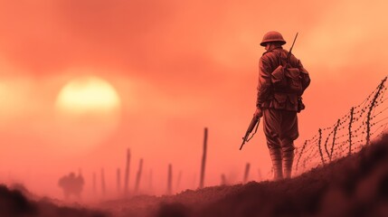 a poignant digital art illustration of a soldier standing alone on a battlefield, reflecting the emotional weight of war and solitude, capturing a moment of introspection and resilience