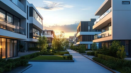 Modern housing complex with sleek minimalist design and courtyard decorated with fresh green ornamental plants